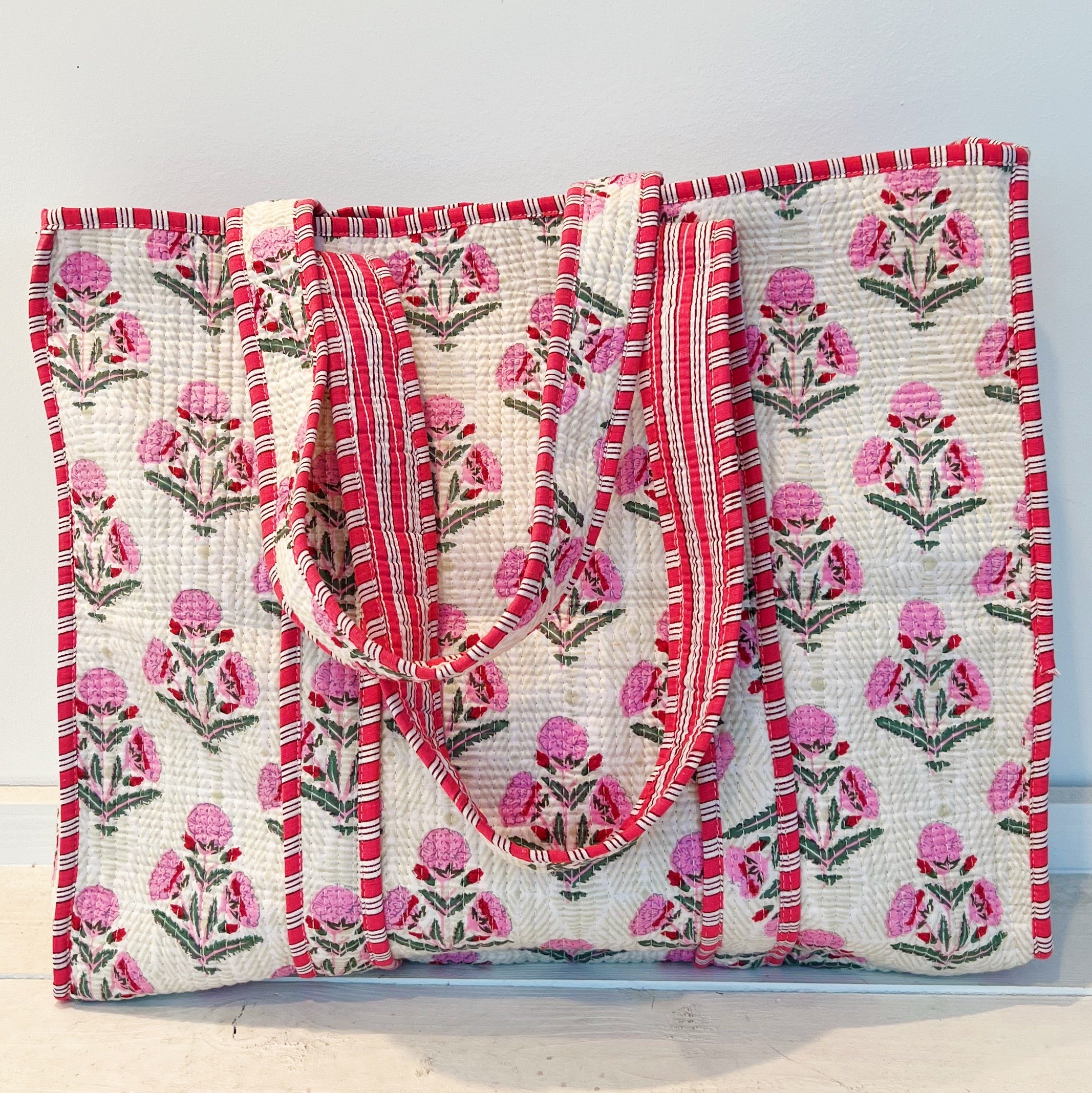 White Cotton Floral Printed Boho Bag with Striped Piping