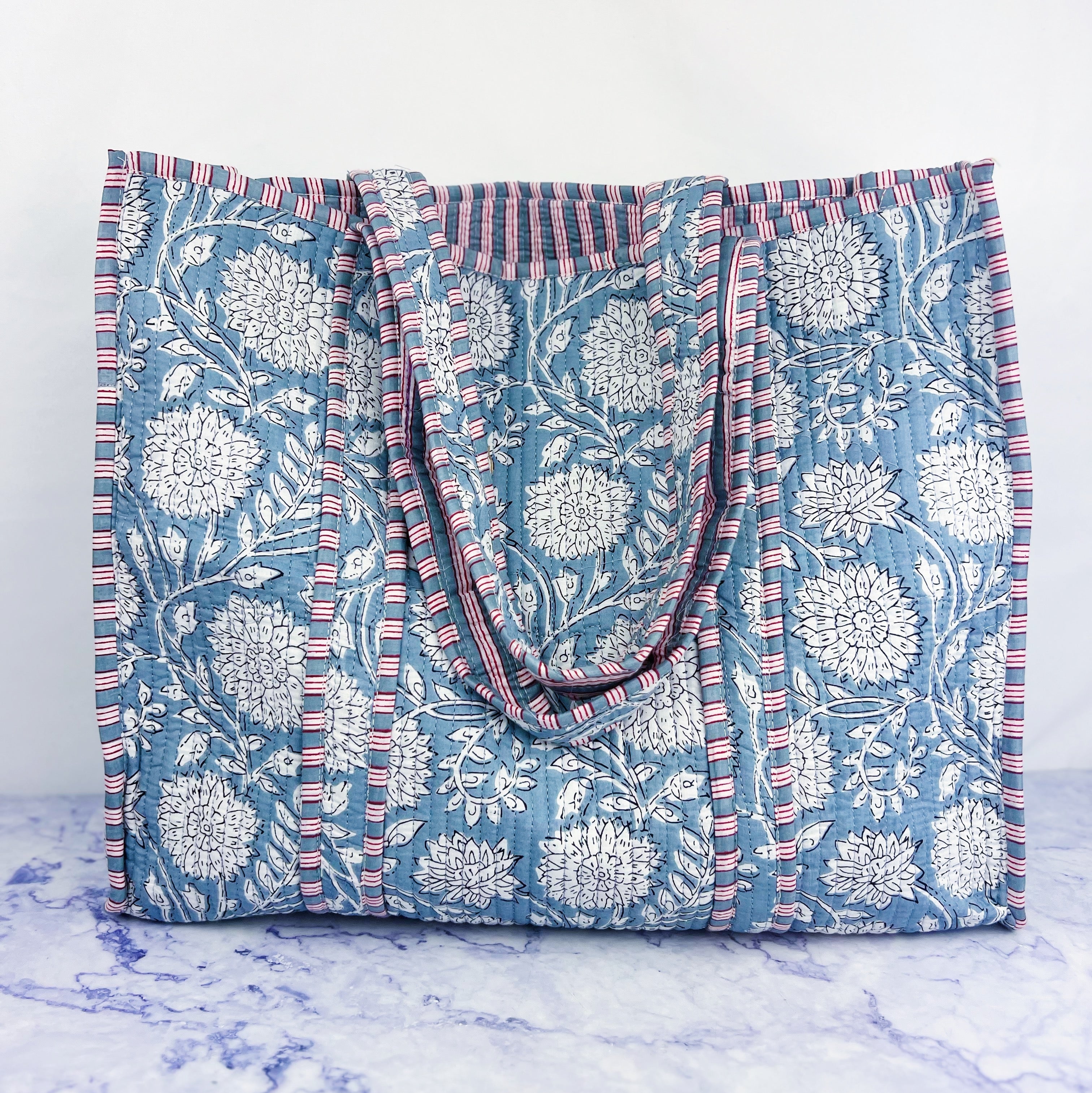 Blue Dahlia Printed Boho Bag with Striped Piping