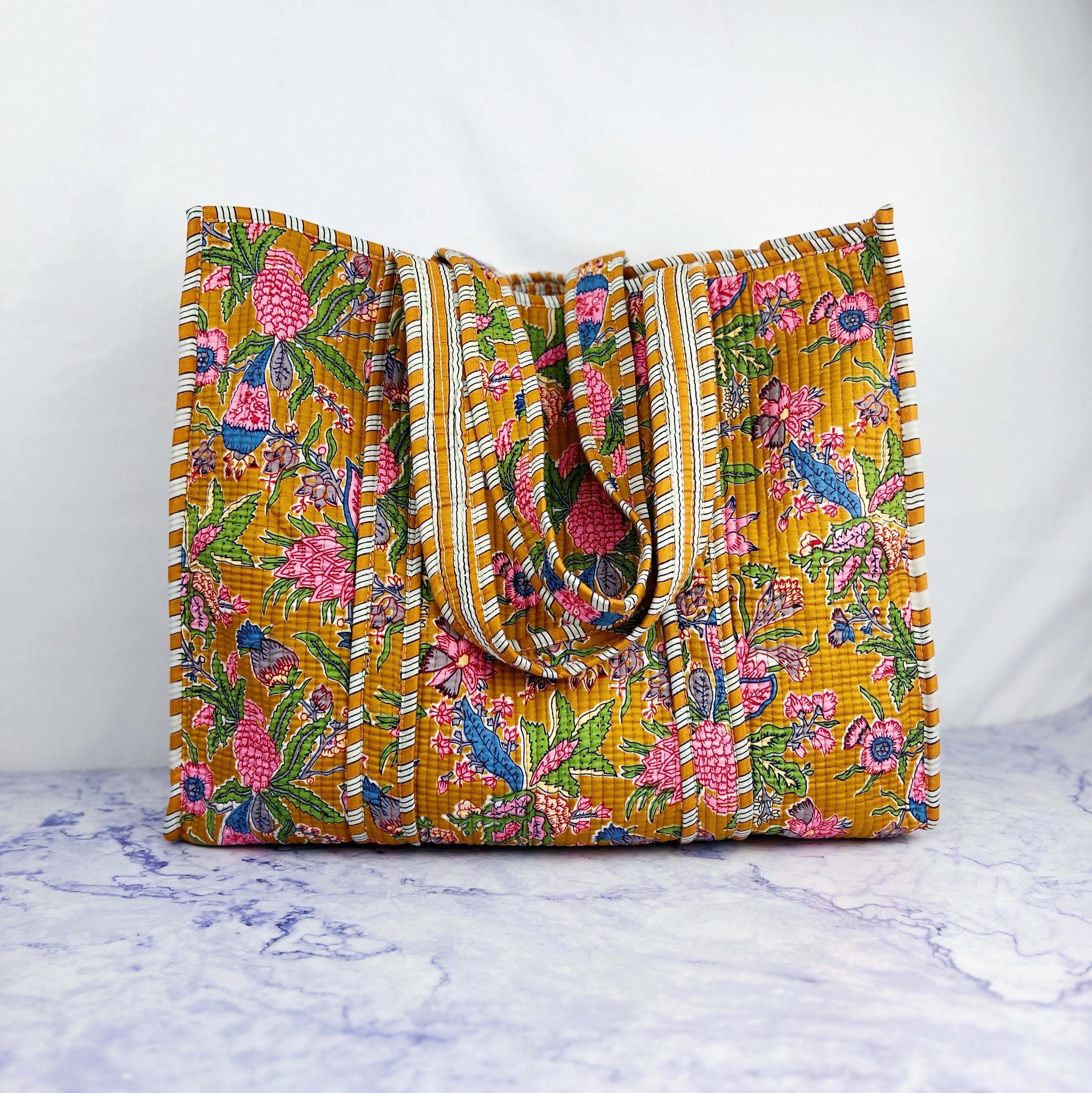 Mustard Floral Paradise Printed Boho Bag with Striped Piping