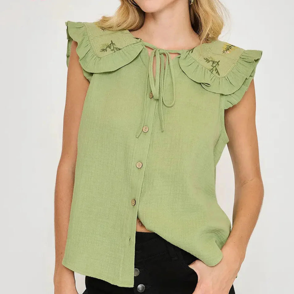 Sage Embroidered Sleeveless Button Down