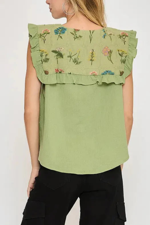 Sage Embroidered Sleeveless Button Down